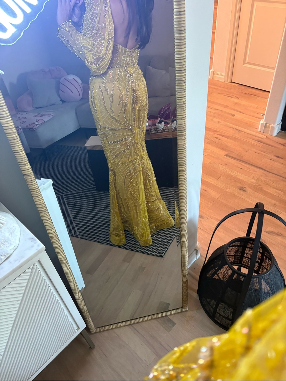 Beaded Mustard Yellow Maxi Evening Dress - Women Dresses - Picture 8 of 11
